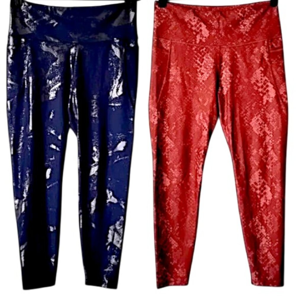 2 PAIR High Waist Elevate Leggings XL Blue Silver Paint Orange Snake Go-Dry